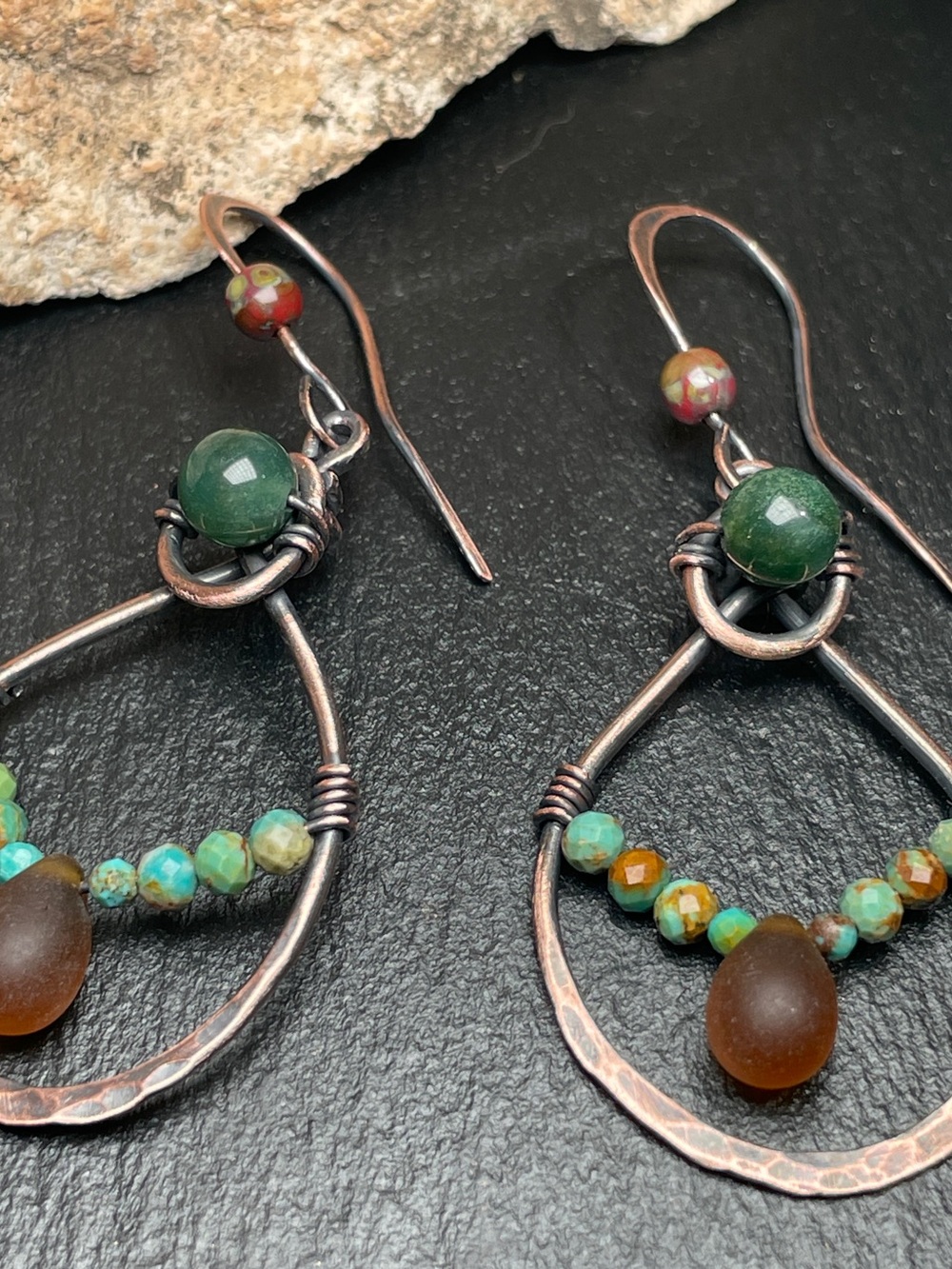 Artisan Made Copper drop Earrings with Moss Agate and Turquoise - Picture 8 of 13